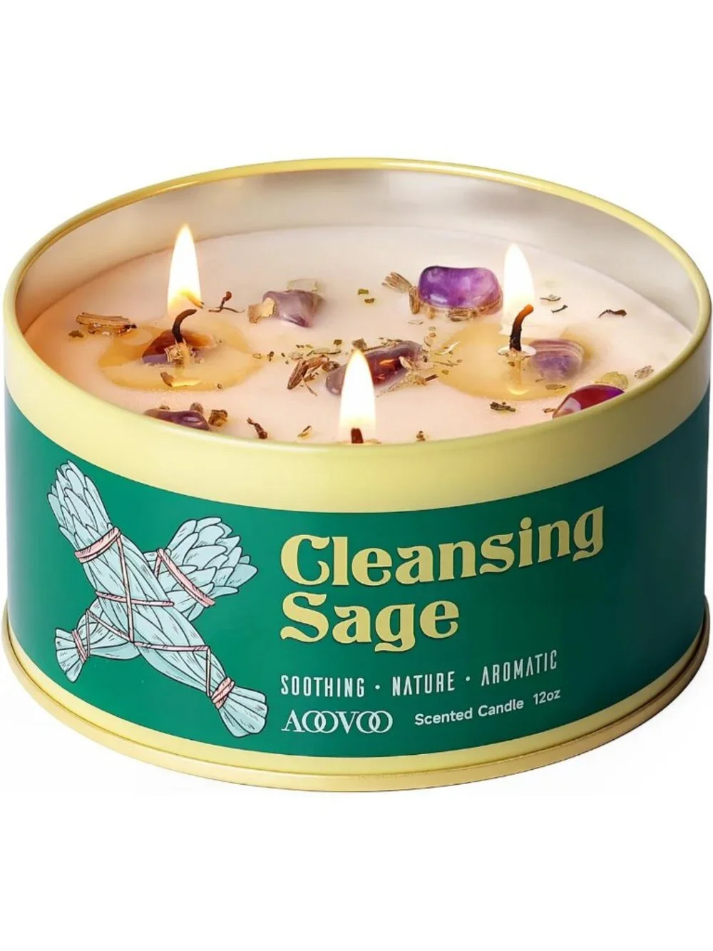Large 12oz Sage Candle with Crystals & Leaves - Aromatherapy for Meditation
